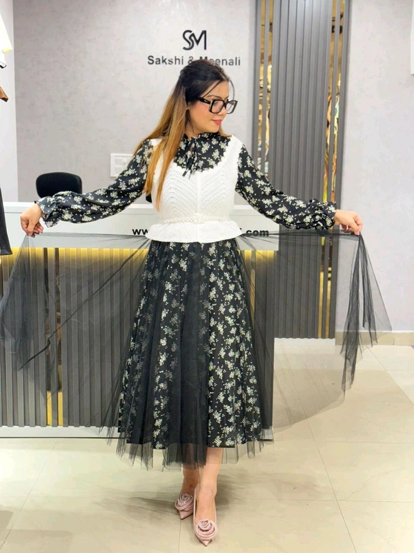 SKU 1867 Korean Dress With Crochet And Pearl Belt - Black, Free Size M To XL