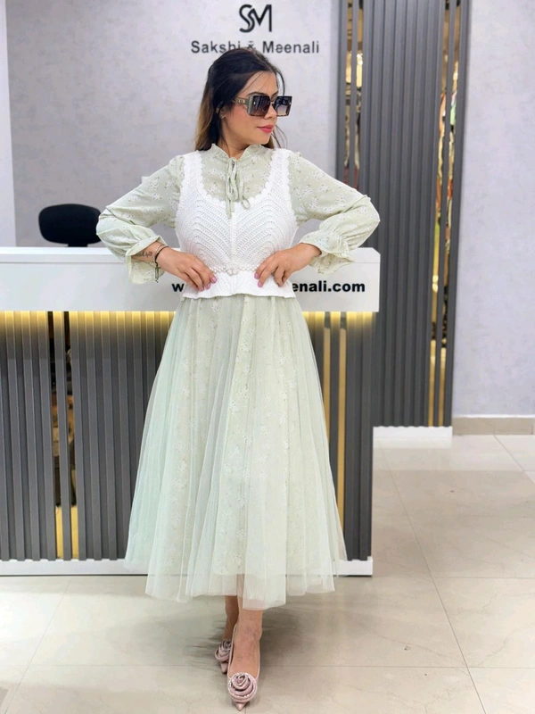 SKU 1867 Korean Dress With Crochet And Pearl Belt - Free Size M To XL, Summer Green