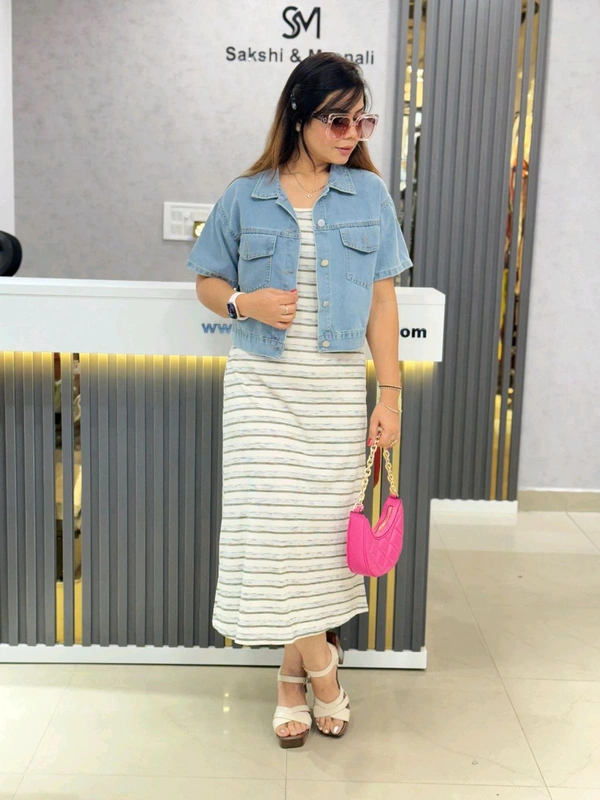 SKU 1868 Beautiful Stripes Dress With Denim Jacket - Summer Green, Free Size M To XL