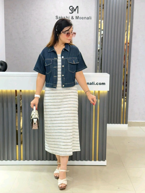 SKU 1868 Beautiful Stripes Dress With Denim Jacket - Dark Blue, Free Size M To XL