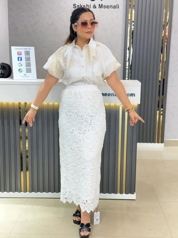 SKU 1871 Beautiful Skirt With Hakobaa Detailing - White, Free Size M To XXL