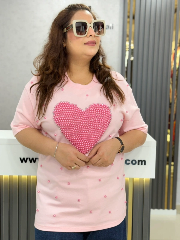 SKU 1874  Heart Tees With Pearl And Stud Detailing  - Free Size M To XL, Pink Lace