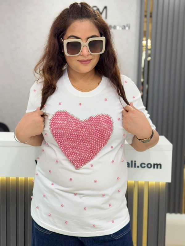 SKU 1874  Heart Tees With Pearl And Stud Detailing  - Free Size M To XL, White