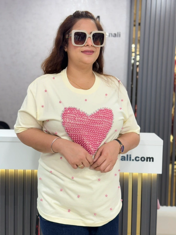 SKU 1874  Heart Tees With Pearl And Stud Detailing  - Free Size M To XL, Cream