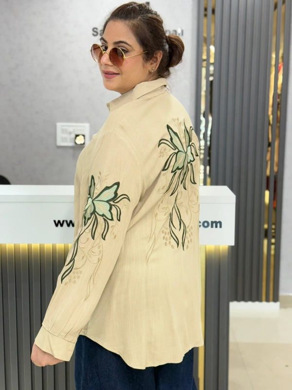 SKU 1875 Linen Shirts With Embroidery  - Free Size L To 4xl, Beige