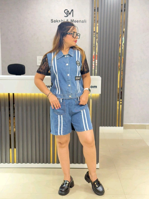SKU 1879 Beautiful Denim Cordset With Shorts  - Black, Free Size M To Xl