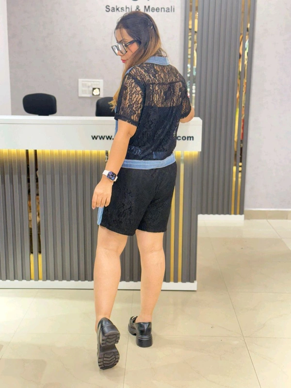 SKU 1879 Beautiful Denim Cordset With Shorts  - Black, Free Size M To Xl