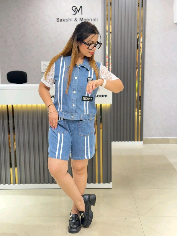 SKU 1879 Beautiful Denim Cordset With Shorts  - Free Size M To Xl, White