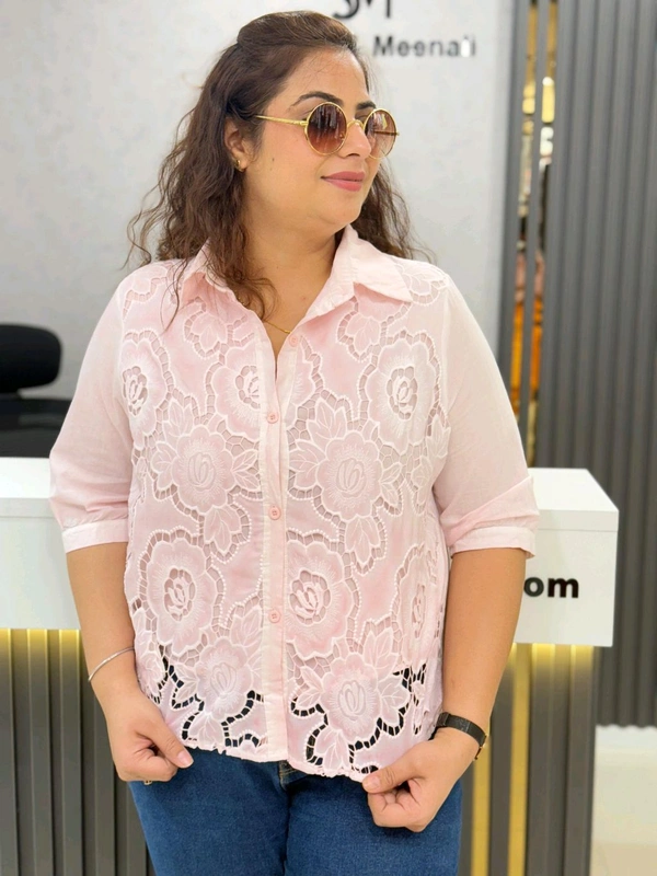SKU 1863 Pastel Floral Lace Shirts – Lightweight & Elegant Summer Wear - Free Size M TO XXL, Light Pink
