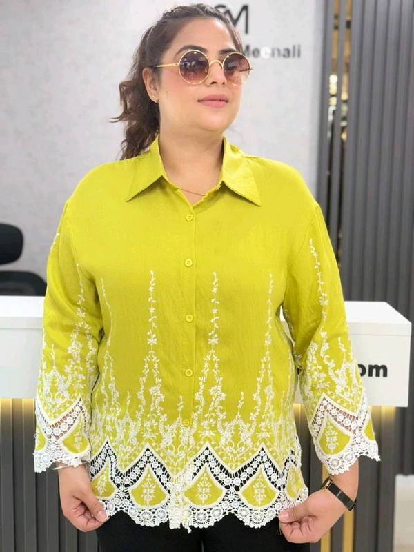 SKU 1884 Beautiful Shirt With Embroidery  - Free Size M To XXL, Yellow green