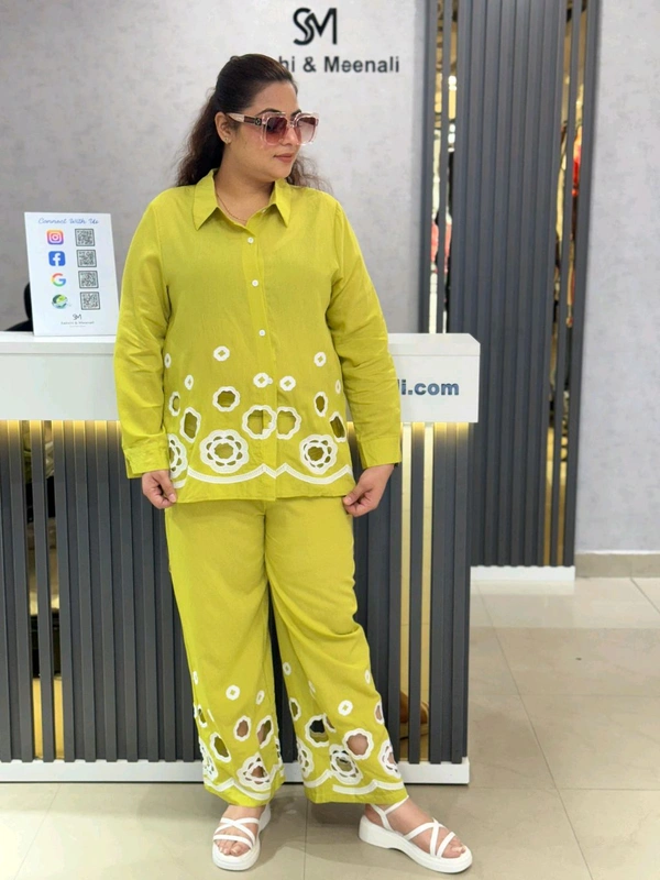 SKU  1885 Beautiful Cordset With Embroidery - Free Size M To XXL, Yellow green