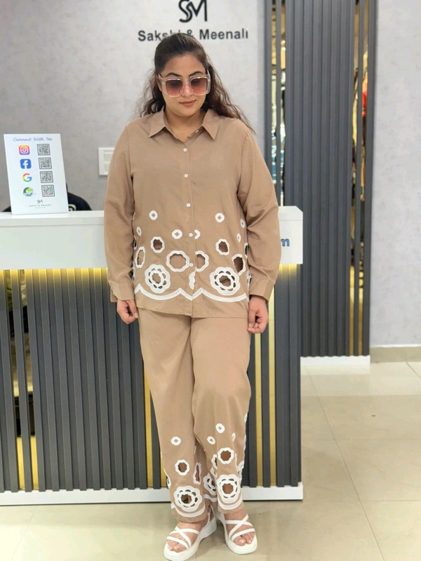 SKU  1885 Beautiful Cordset With Embroidery - Free Size M To XXL, Beige