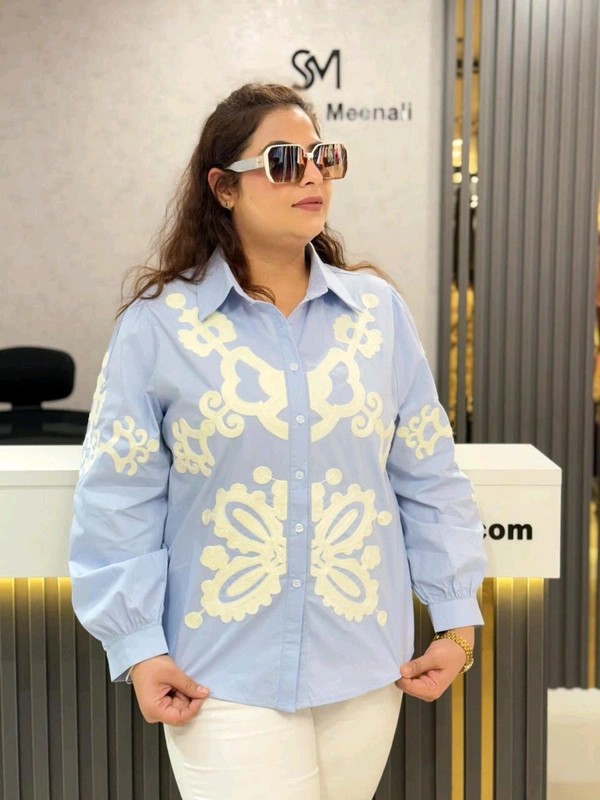 SKU  1888 Beautiful Embroidered Shirt  - Free Size M To XXL, Blue
