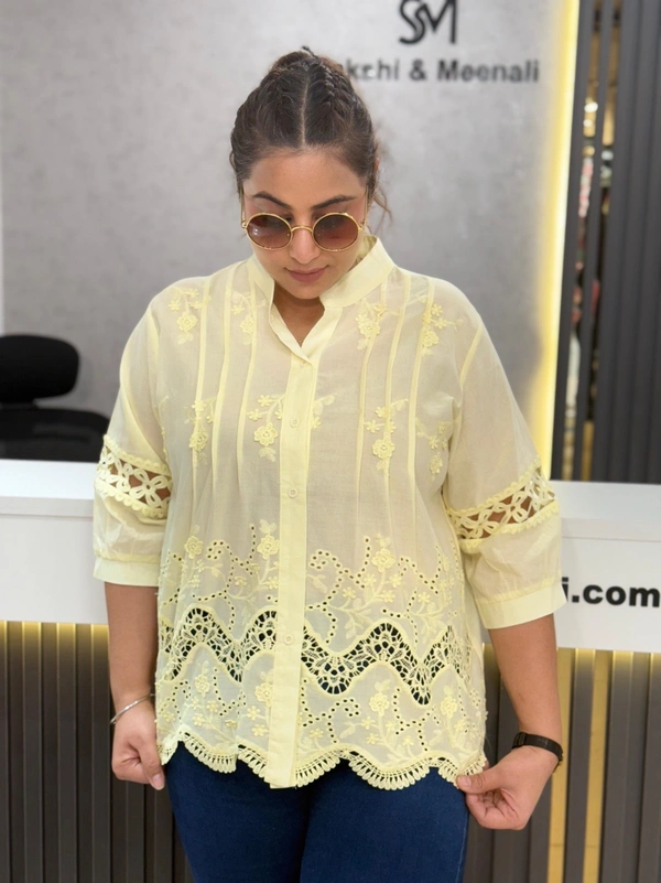 SKU  1892 Beautiful Shirt With Lace Embroidery  - Free Size M To XXL, Lemon