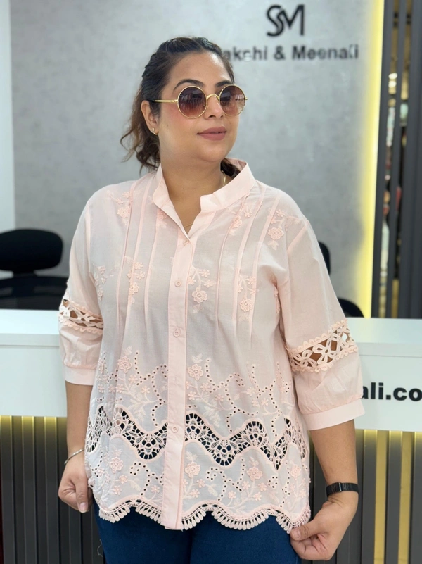 SKU  1892 Beautiful Shirt With Lace Embroidery  - Free Size M To XXL, Blush Pink