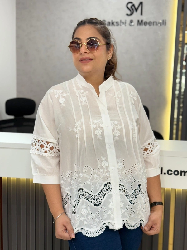 SKU  1892 Beautiful Shirt With Lace Embroidery  - Free Size M To XXL, White