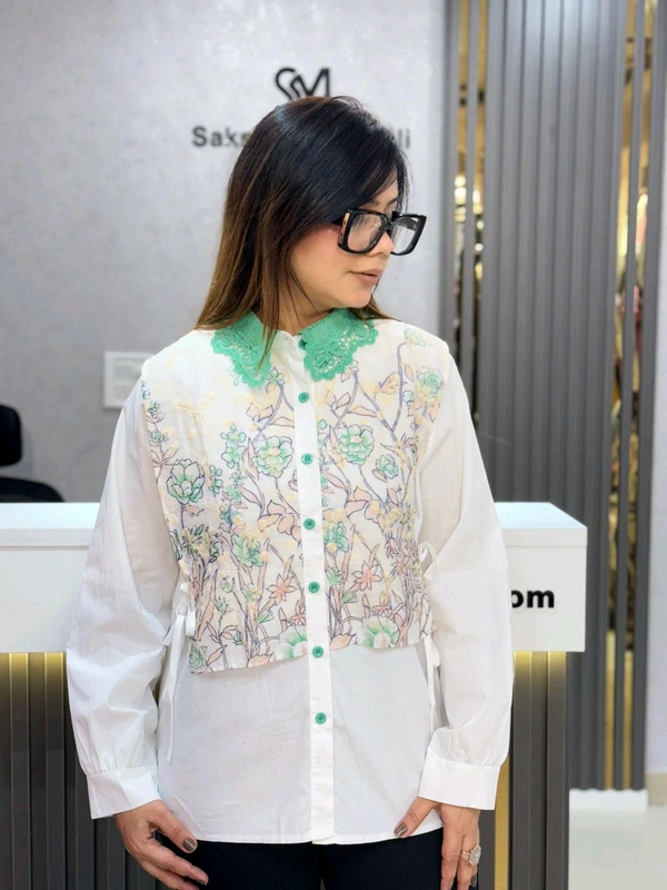 SKU  1893 Beautiful Shirt With Lace Collar - Free Size M To XL, Green