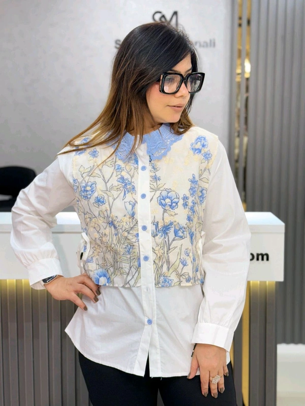 SKU  1893 Beautiful Shirt With Lace Collar - Free Size M To XL, Blue
