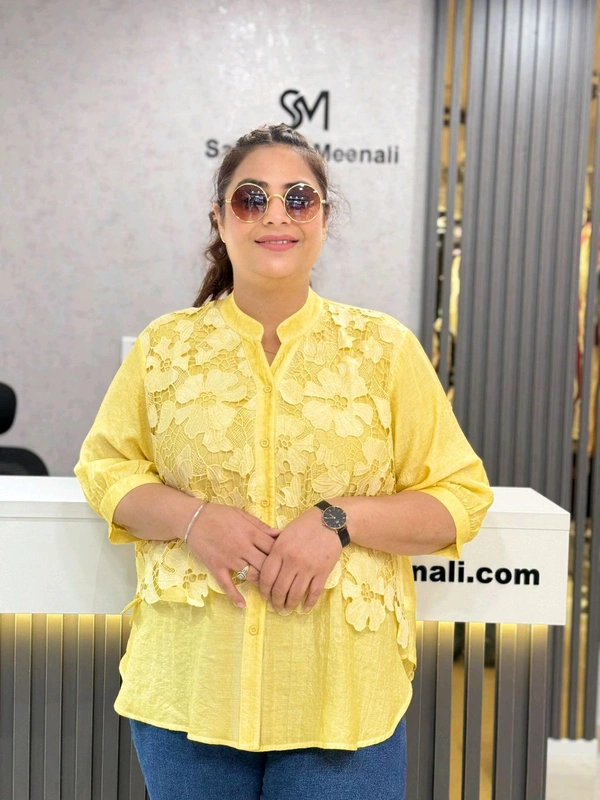 SKU  1895 Beautiful Shirt Cutwork Lace - Free Size M To XXL, Lemon