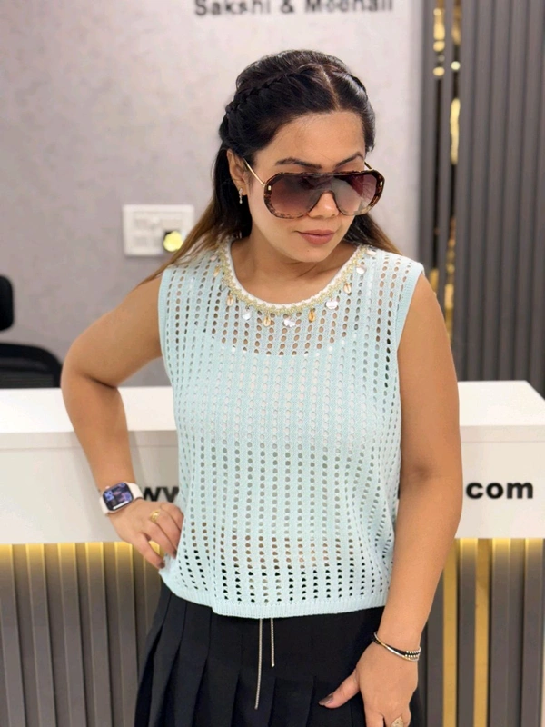 SKU  1896 Beautiful Two Peice Top With Sea Detailing  - Free Size M To XL, Light blue