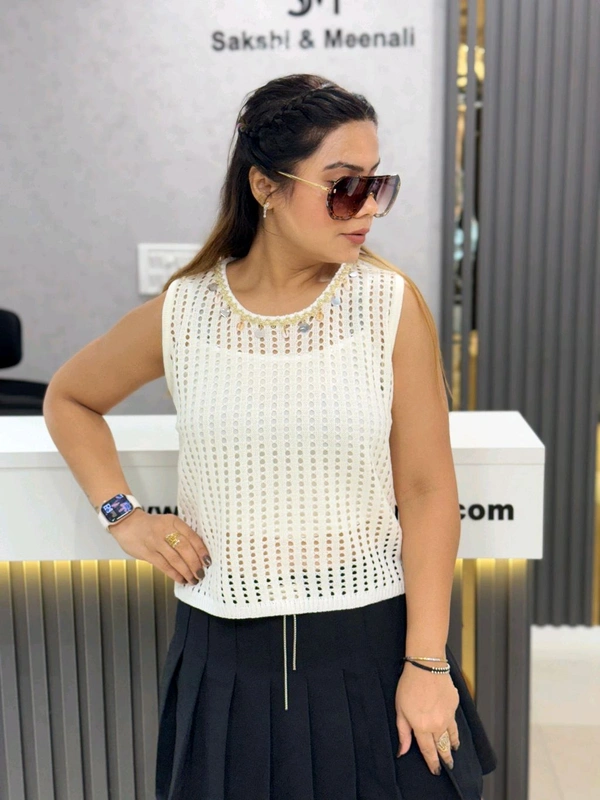 SKU  1896 Beautiful Two Peice Top With Sea Detailing  - Free Size M To XL, Off White
