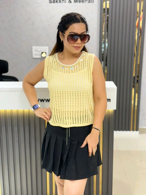 SKU  1896 Beautiful Two Peice Top With Sea Detailing  - Free Size M To XL, light yellow