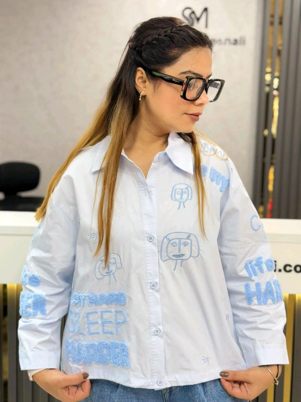 SKU  1900 Elegant Shirt With Beautiful Embroidery  - Blue, Free Size M To XXL