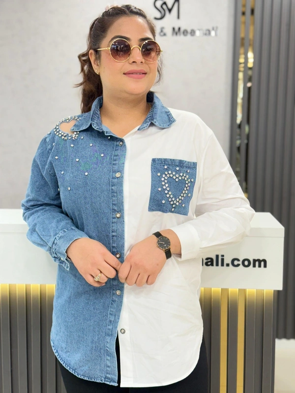 SKU  1901 Elegant  Denim Shirt With Heart Stud Detailing  - Free Size M To XXL, White