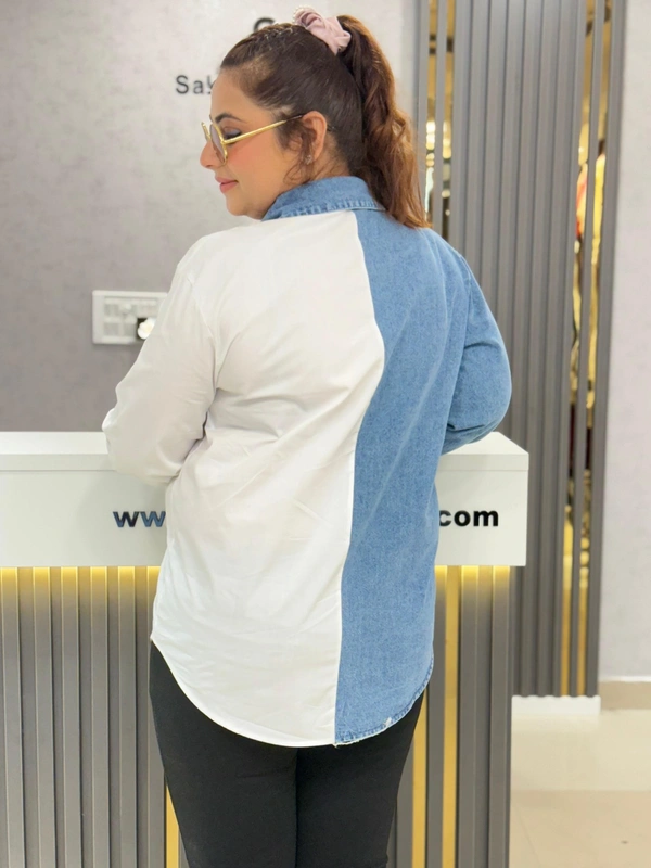 SKU  1901 Elegant  Denim Shirt With Heart Stud Detailing  - Free Size M To XXL, White
