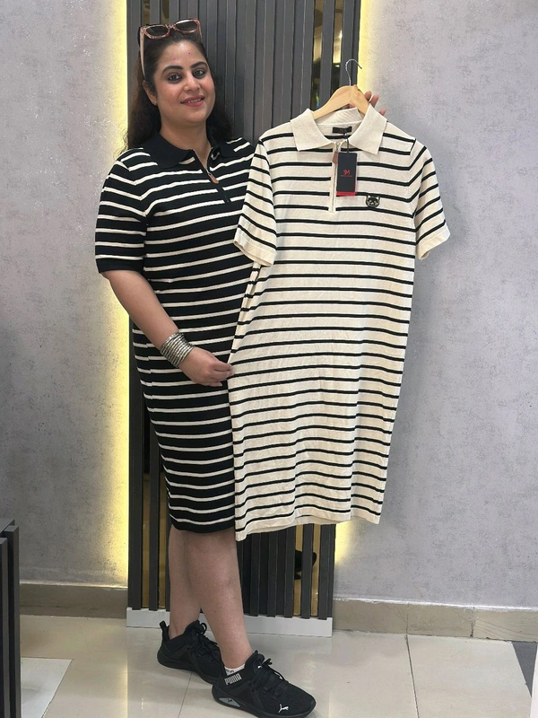 SKU 1717 Elegant Stripes Knitted Dress - Free Size M To XXXL, Off White