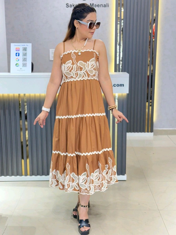 SKU 1857 Beautiful   Dress With Embroiderey And Straps - Brown, Free Size L TO XXL
