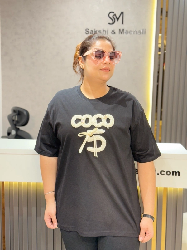 SKU  1904 Plus Size Tees With Pearl Detailing  - Free Size L To 4XL, Black