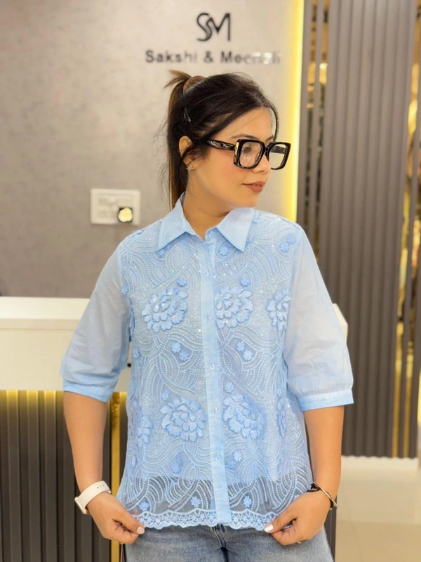 SKU  1908 Beautiful Shirt With 3D Flower - Free Size M To XL, Blue