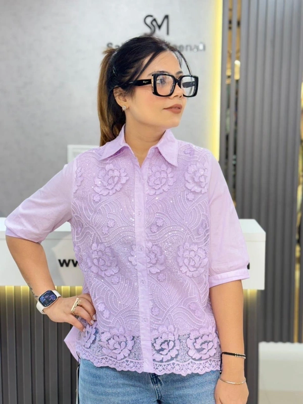 SKU  1908 Beautiful Shirt With 3D Flower - Free Size M To XL, Purple