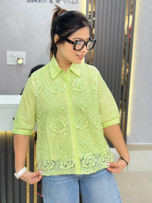 SKU  1908 Beautiful Shirt With 3D Flower - Free Size M To XL, Mint Green