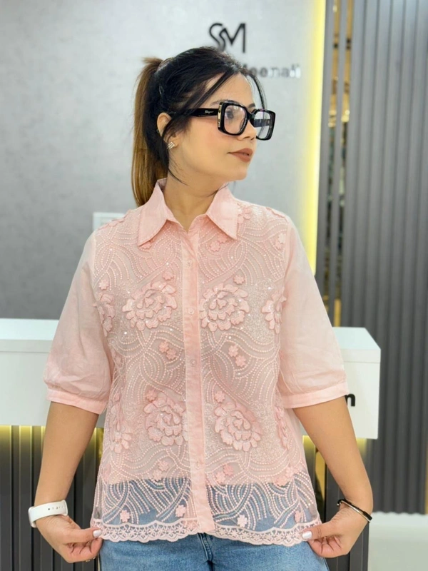 SKU  1908 Beautiful Shirt With 3D Flower - Free Size M To XL, Peach