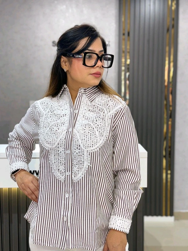 SKU  1925 Beautiful Strips Shirt With Thread Embroidery  - Free Size M To XXL, Brown