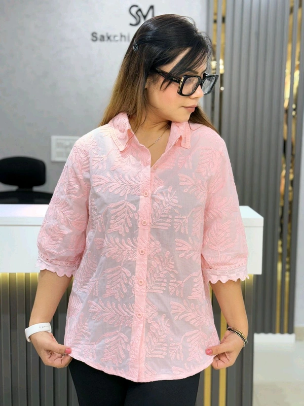 SKU  1922 Beautiful Shirt With Lace Collar  - Free Size M To XL, Pink