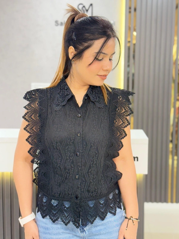 SKU  1919 Beautiful Top With Net And Lace Collar  - Free Size M To XL, Black