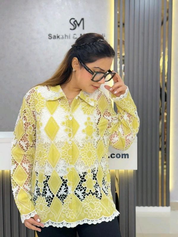 SKU  1929 Lace Shirt With Self Sequin  - Free Size M To XXL, yellow green