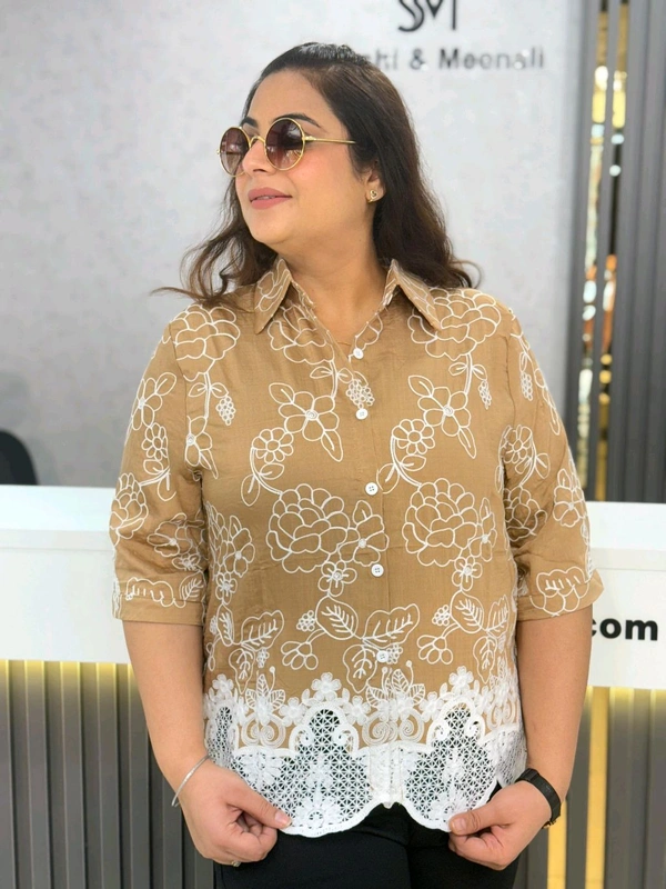 SKU 2000 Beautiful Shirt With Embroidery  - Free Size M To XXL, Beige