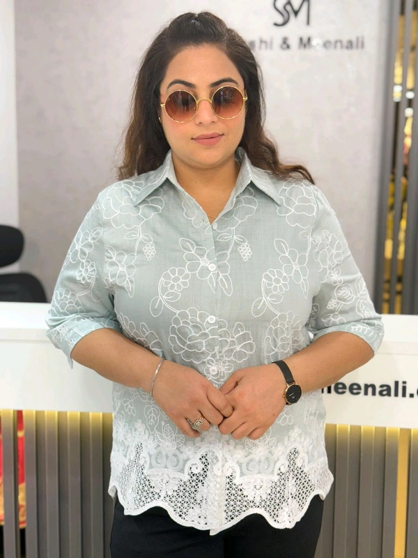 SKU 2000 Beautiful Shirt With Embroidery  - Free Size M To XXL, Pastel Green