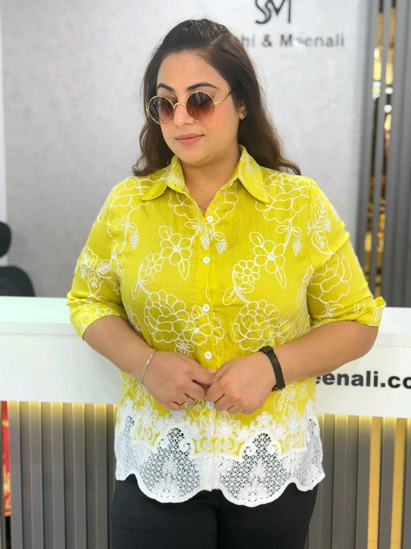 SKU 2000 Beautiful Shirt With Embroidery  - Free Size M To XXL, yellow Green