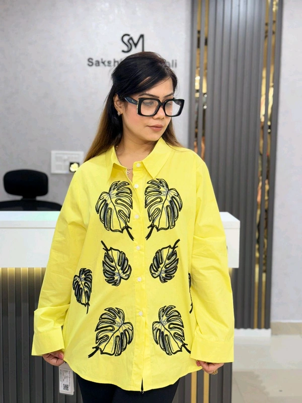 SKU 2002 Beautiful Cotton Shirt With Leaf Embroidery  - Free Size M To XL, Yellow