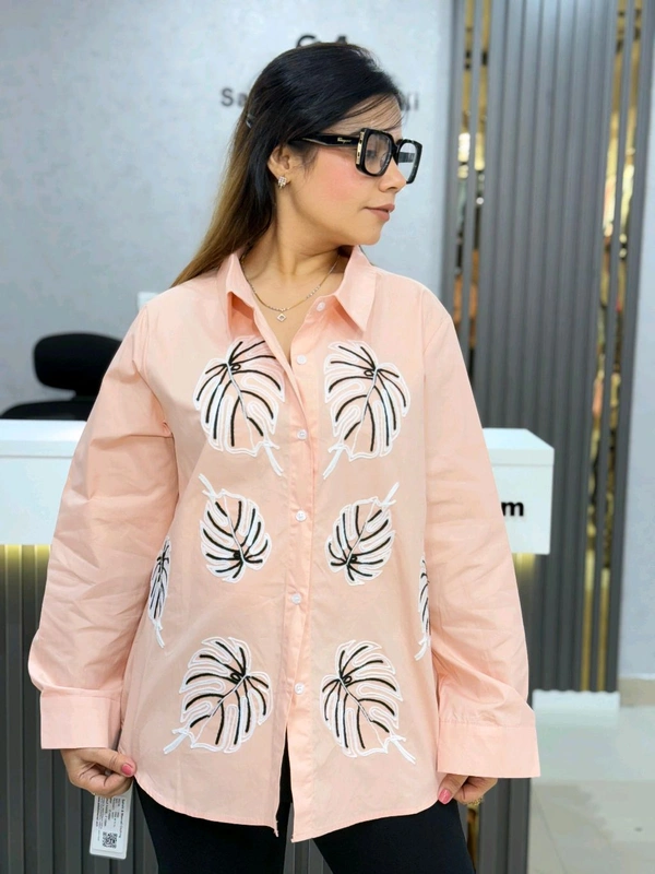 SKU 2002 Beautiful Cotton Shirt With Leaf Embroidery  - Free Size M To XL, Peach