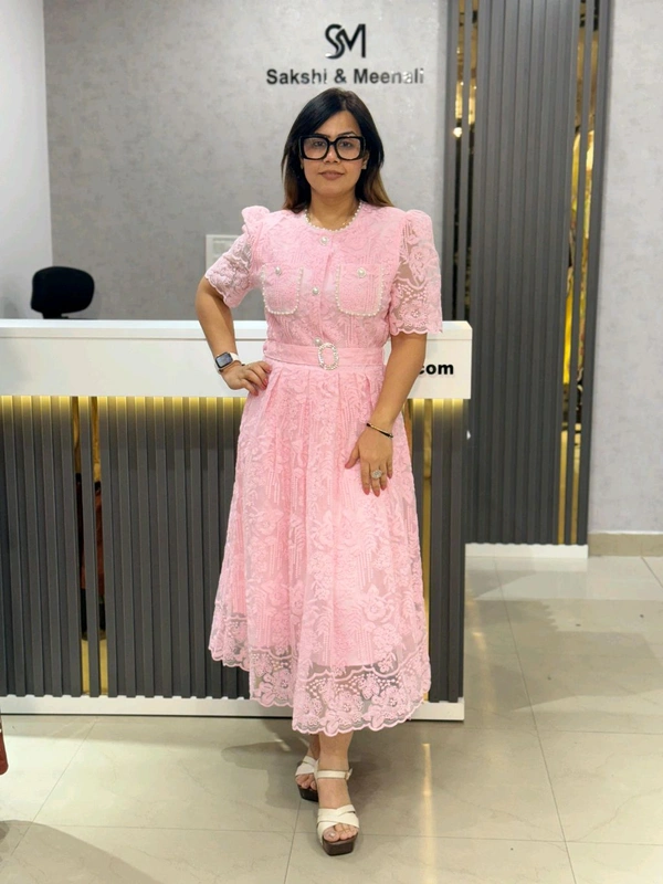 SKU 2003 Beautiful Dress With Pearl Detailing  - Free Size M To XL, Pink