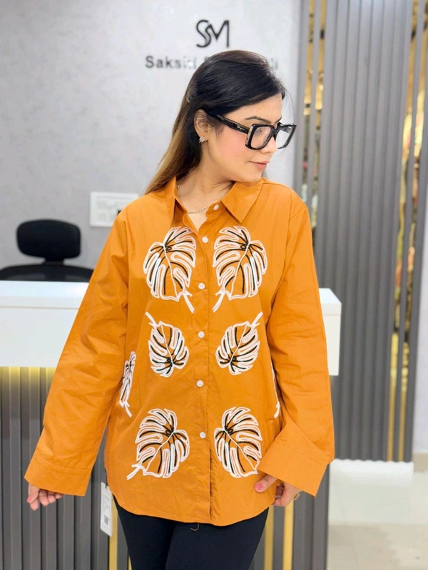 SKU 2002 Beautiful Cotton Shirt With Leaf Embroidery  - Free Size M To XL, Orange