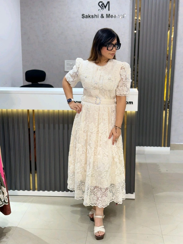 SKU 2003 Beautiful Dress With Pearl Detailing  - Free Size M To XL, Off white