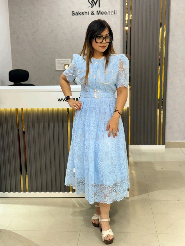 SKU 2003 Beautiful Dress With Pearl Detailing  - Free Size M To XL, Blue