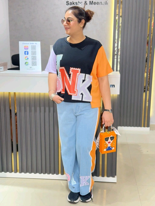 SKU 2007 Beautiful Denim Cordet With Stud Detailing  - Web Orange, Free Size M To 4xl
